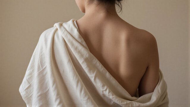 A woman draped in a soft white cloth, back to the camera.