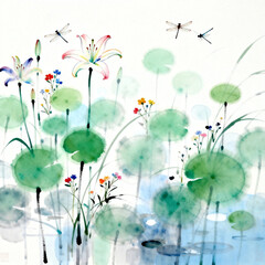 Naklejka premium Chinese Ink Wash Painting Lotus Lily Dragonfly Water Pond