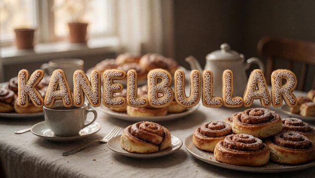 Table variety freshly baked cinnamon buns golden brown have swirl pattern top arranged circular center there t