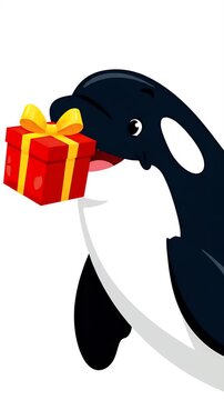Cute cartoon orca whale with gift box animation, ocean marine life character