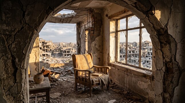 Destroyed room with broken window overlooking ruined city in war zone