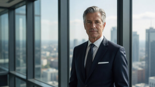 Confident senior businessman portrait office corporate leader executive grey hair suit tie city view window skyscraper successprofessional portrait office concept