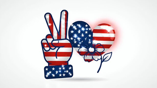 Peace and love symbols made with american flag pattern, animated motion graphic with sparkles and light effects