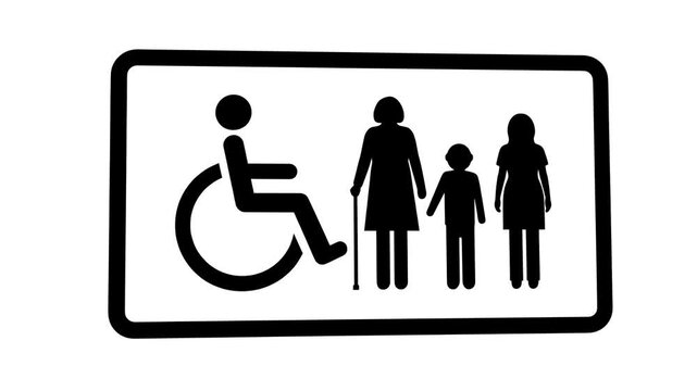 group of people icons, disabled person in wheelchair, elderly woman with cane, child, and adult female, representing accessibility, diversity, and inclusion
