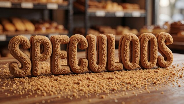 Word speculoos spelled large golden-brown letters wooden surface arranged way form cursive font background blu