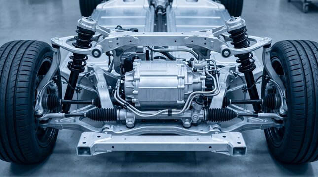 Close up view of an electric vehicle chassis with visible suspension drivetrain components and tires in a workshop setting EV motor battery automotive car industry technology