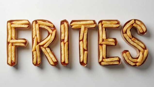 Word frites spelled capital letters made light-colored dough arranged way form appears golden brown has crispy
