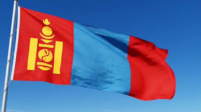 Mongolian flag waving in blue sky, national symbol, country emblem, patriotism, freedom, wind