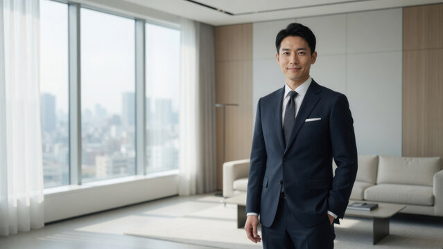 Professional businessman portrait confident smile modern office interior, bright window city view, elegant suit style, success leadership conceptprofessional portrait office concept