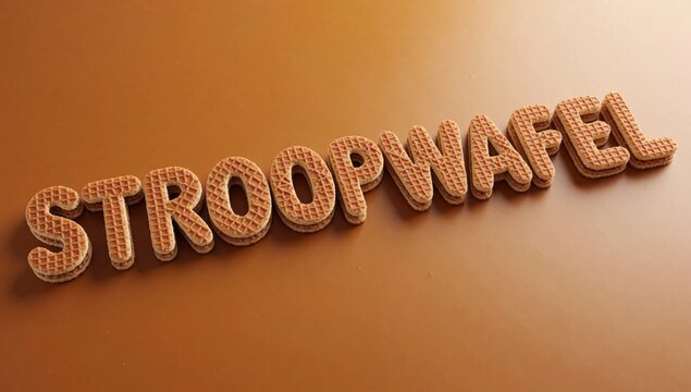 Rendering word strooopwafel spelled capital letters arranged diagonal line orange background made small waffle