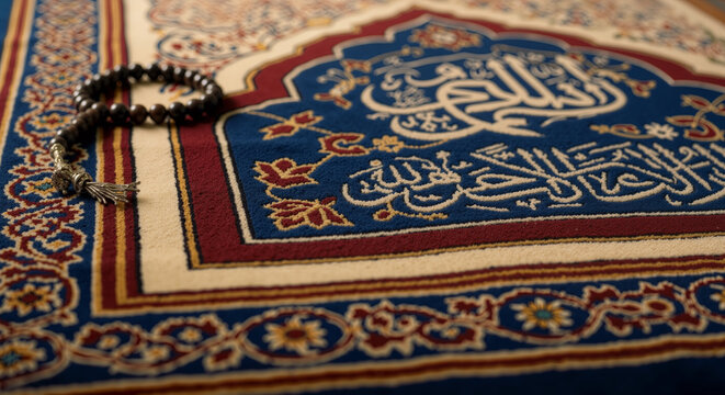A close-up of Islamic prayer beads, or tasbih, resting on an ornate prayer rug with Arabic calligraphy.