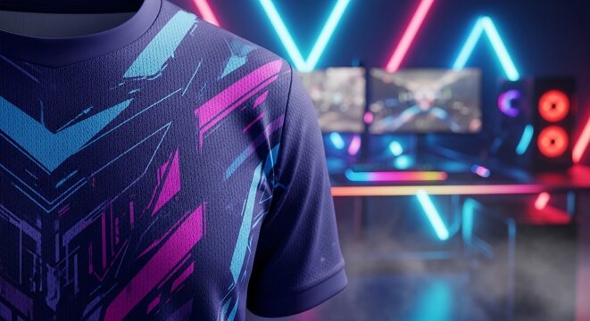 Vibrant Abstract Geometric Pattern on a Gaming T-Shirt with Neon Lights in the Background