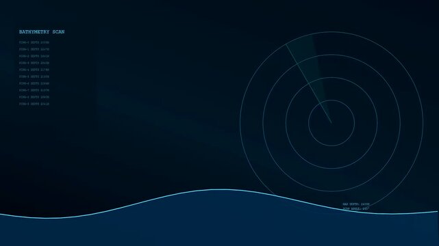 a blue seismic mapping interface animation with circular radar elements showing underwater depth detection waves in a digital environment for ocean research and seafloor scanning