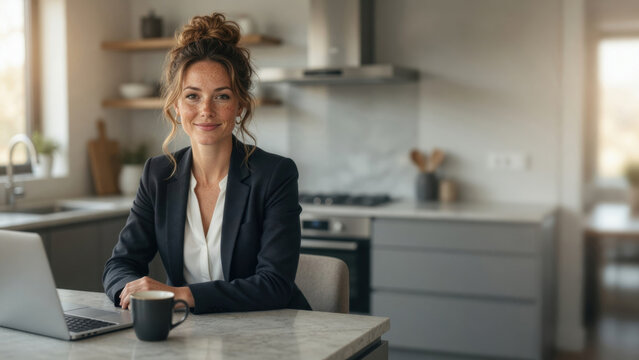 Professional woman business modern kitchen remote work laptop coffee casual hairstyle blazer confident natural light Professional woman business attire workingprofessional portrait office concept