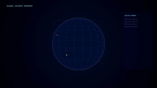Digital displays showing seismic mapping data on dark planet spheres with floating coordinate readouts used for geological monitoring within a complex virtual analytical tracking interface