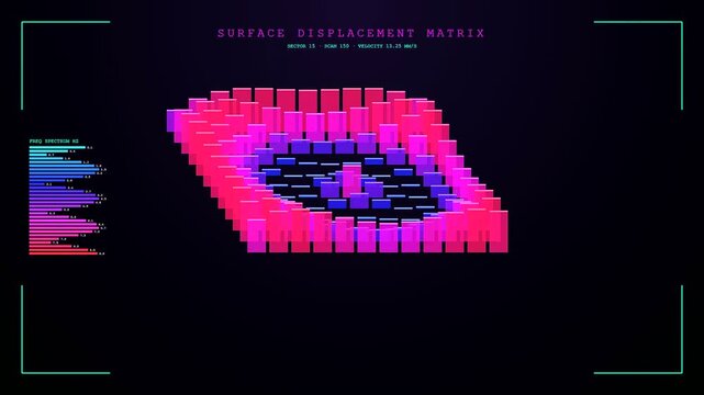 Seismic mapping visualization of terrain displacement data shown through abstract fluctuating colorful bar graphs rendered on a dark display for scientific and statistical research purposes