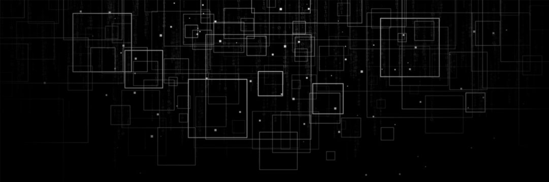 Technology background with digital squares, binary code and geometric network. Futuristic cyber data interface. Blockchain, programming or tech design. Data connection effect. Vector Illustration.
