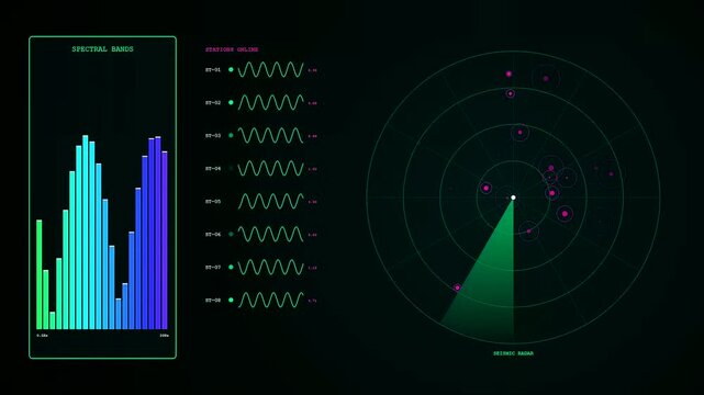 Three panel seismic mapping display showing circular radar screens and glowing waveform frequency graphs pulsing with light during a deep earth geological survey exploration process