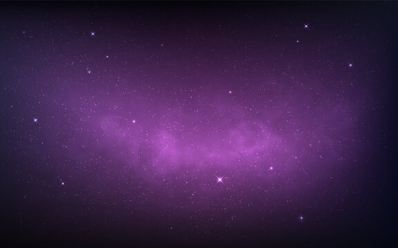 Purple galaxy background with glowing nebula and shining stars. Bright starry cosmos wallpaper for astronomy or sci-fi. Magic cosmic clouds with stardust. Vector Illustration.