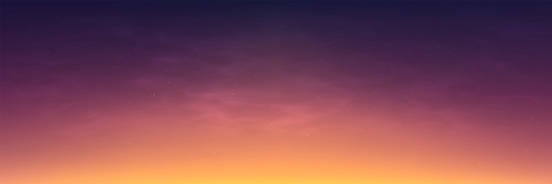 Sunset sky background with soft gradient and subtle stars. Dreamy evening horizon in orange with clouds. Wide twilight for nature, fantasy, travel or wallpaper design. Vector Illustration.