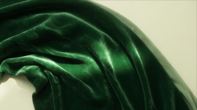Cinematic macro surface texture background of rich green velvet fabric folds creating elegant flowing abstract wave pattern where soft light reflection and smooth textile shine form luxurious fabric