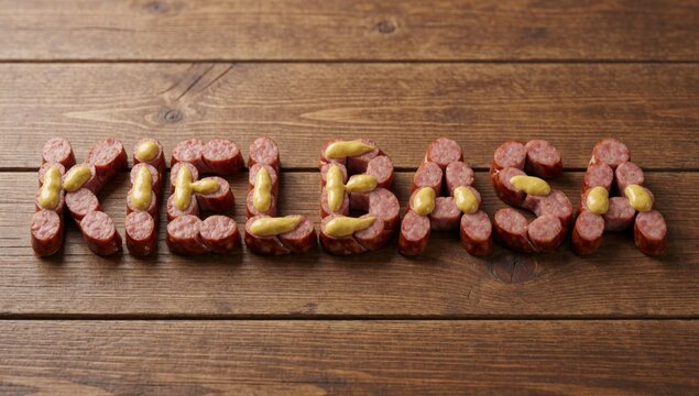 Word kellogg's spelled capital letters wooden surface arranged way form appear made sausage links small pieces