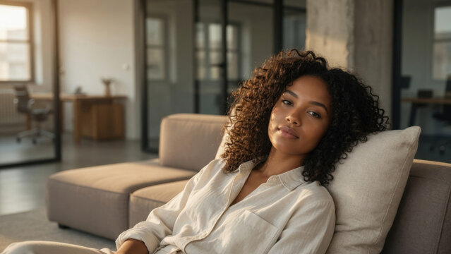 Relaxed woman on sofa calm mood soft light modern office interior casual clothing curly hair portrait peaceful expression warm color daylight cushion supportprofessional portrait office concept