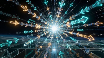 Fototapeta premium Neon arrows radiate from a bright center, symbolizing direction and digital motion.