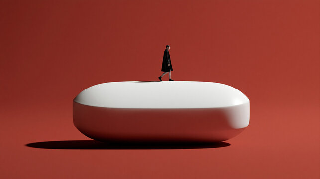 Person Walking on Giant White Pill for Healthcare Concept