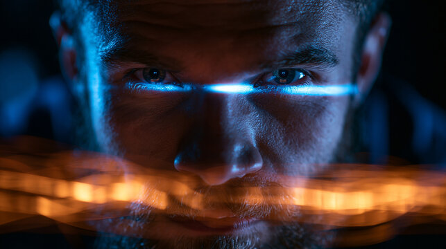 Futuristic Man Face Scanned with Blue Laser for Biometrics