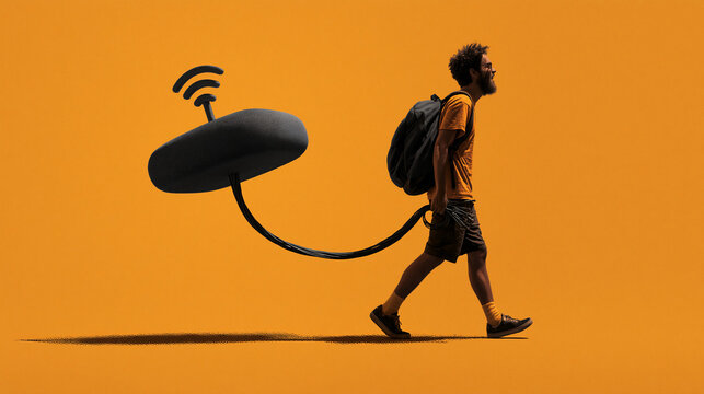 Man Walking Smart Speaker on Leash Technology Concept