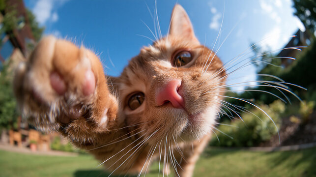 Ginger Cat Taking Selfie with Paw Reaching Towards Camera