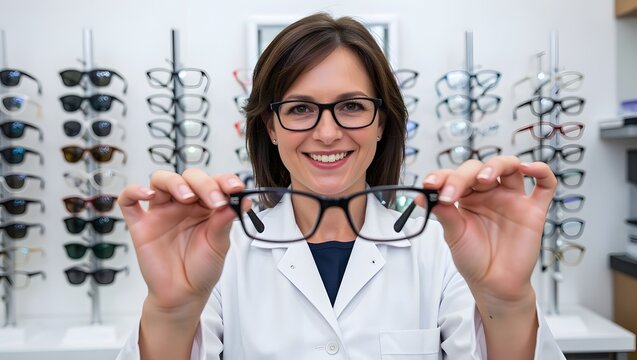 Smiling female optician presenting new eyewear frames inside professional optical shop retail environment