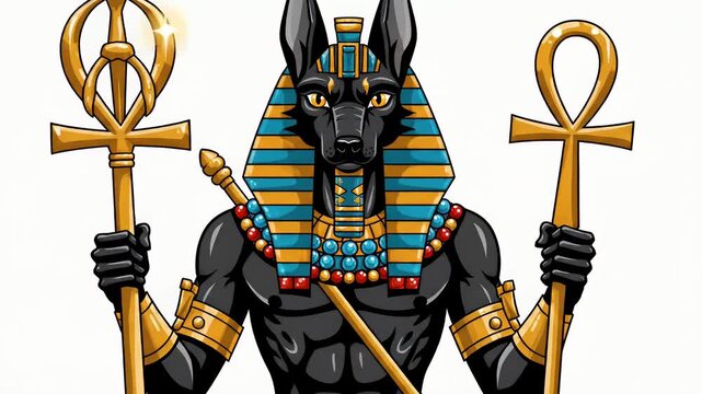 Ancient Egyptian jackal god Anubis, god of afterlife and mummification, holding symbols of power and eternity, golden ornaments, blue headdress, white kilt, pixel art