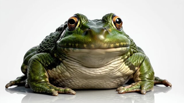 Close-up frontal view of a green frog with bulging eyes on a clean reflective surface, amphibian wildlife