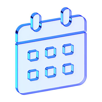 Blue glass calendar icon in glassmorphism style for schedule planning, clean event symbol designed for date management, appointment booking, and agenda interfaces