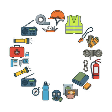 Survival equipment icons arranged in a circular frame for disaster relief