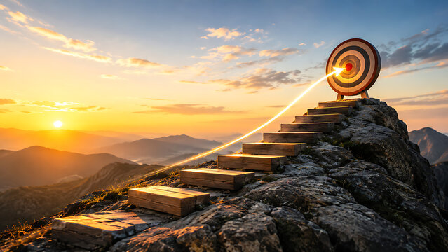Stairway to Success: Arrow hitting bullseye on target atop mountain at sunrise, symbolizing achievement and reaching goals.