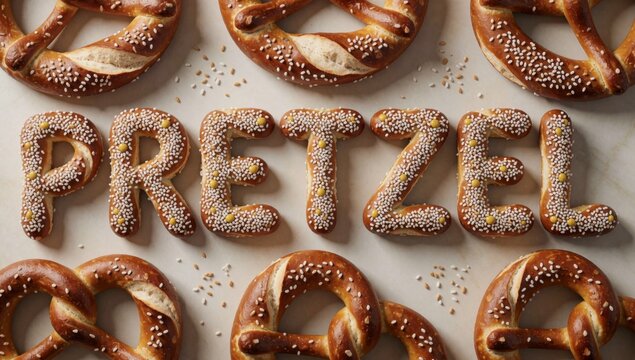Word pretzel spelled large golden-brown pretzels pretzes arranged scattered manner white surface overlapping e