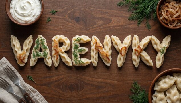 Wooden table word varenky spelled center made small oval-shaped dumplings arranged way form letters left side