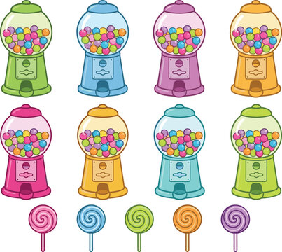 Cute cartoon gumball machine set with colorful retro bubble gum dispensers and sweet swirl lollipops vector candy illustration collection isolated on white background