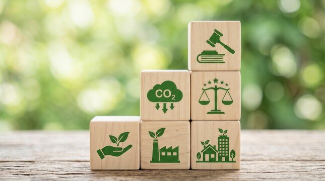 Wooden blocks with environmental law icons and green sustainability concept on blur background