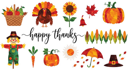 Thanksgiving harvest vector elements, autumn low poly geometric icons set, fall seasonal clip art with turkey and scarecrow for holiday greetings © Chrome