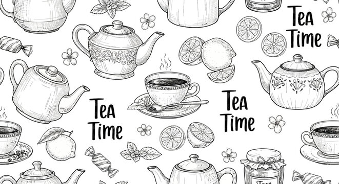 Vintage tea time seamless pattern vector, hand drawn sketch of teapots and cups, black and white cafe wallpaper with lemon and mint leaves