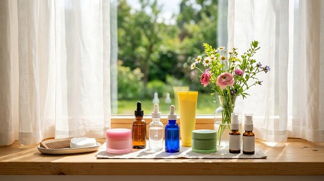 Natural skincare products and flowers on a wooden table by a bright window. colorful skincare setup