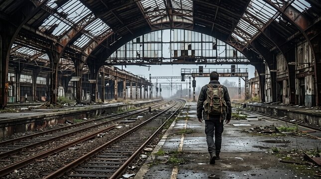 Man with backpack walking along old abandoned train tracks in station