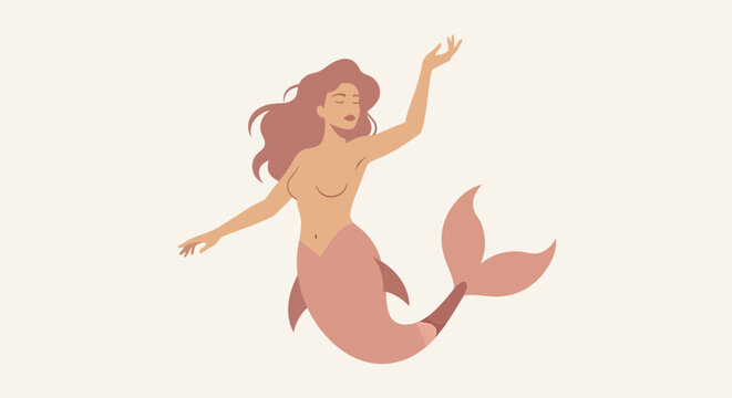 Boho mermaid vector illustration, mystical sea creature with pink tail, ethereal ocean goddess character, flat aesthetic mythological siren