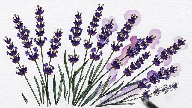 Drawing animation of lavender flowers with watercolor effect, motion graphic, elegant floral art