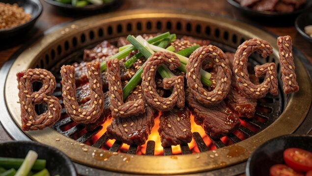 Close-up grill word burgogi spelled large letters made metal has circular shape handle side inside there sever