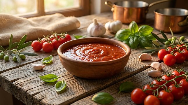 Fresh tomato soup in a wooden bowl with cherry tomatoes and green basil on a rustic kitchen table. marinara glaze
